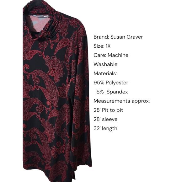 Susan Graver QVC 1X Black mock Neck Blouse Red pattern long sleeve Stretch - Picture 2 of 8